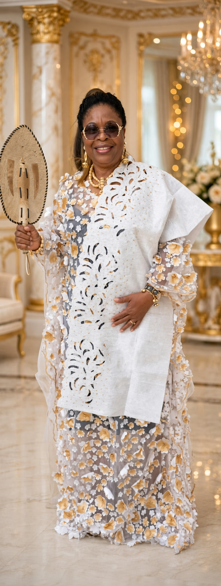 Gloria Nzenwa in white and gold traditional attire